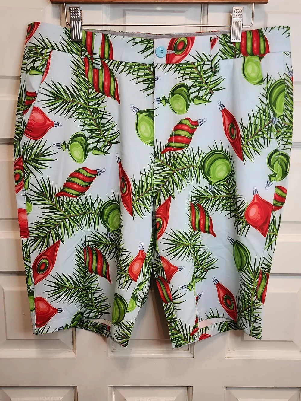 HERESKI Men's Holiday Ornament Swim Board Shorts Blue Red & Green & Pine Boughs